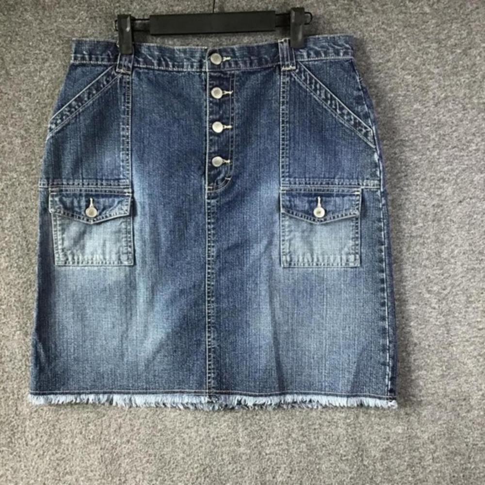 Vintage Gloria Vanderbilt Distressed Blue Jean Denim Button‎ Fly Skirt Sz 12